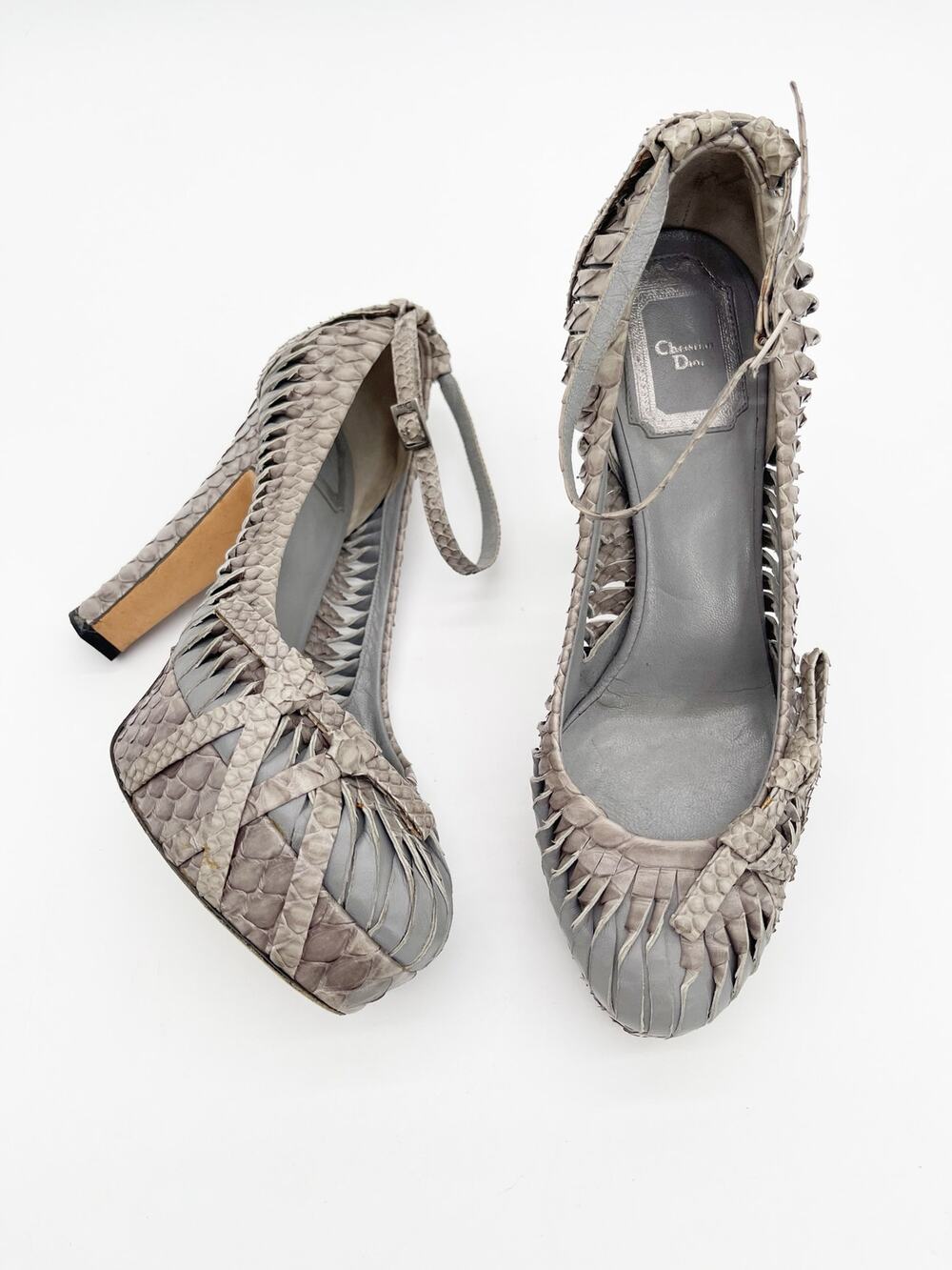 Dior Galliano Era F/W 2007 Gray Python Exotic Ankle Strap Platform Heels EU 37.5